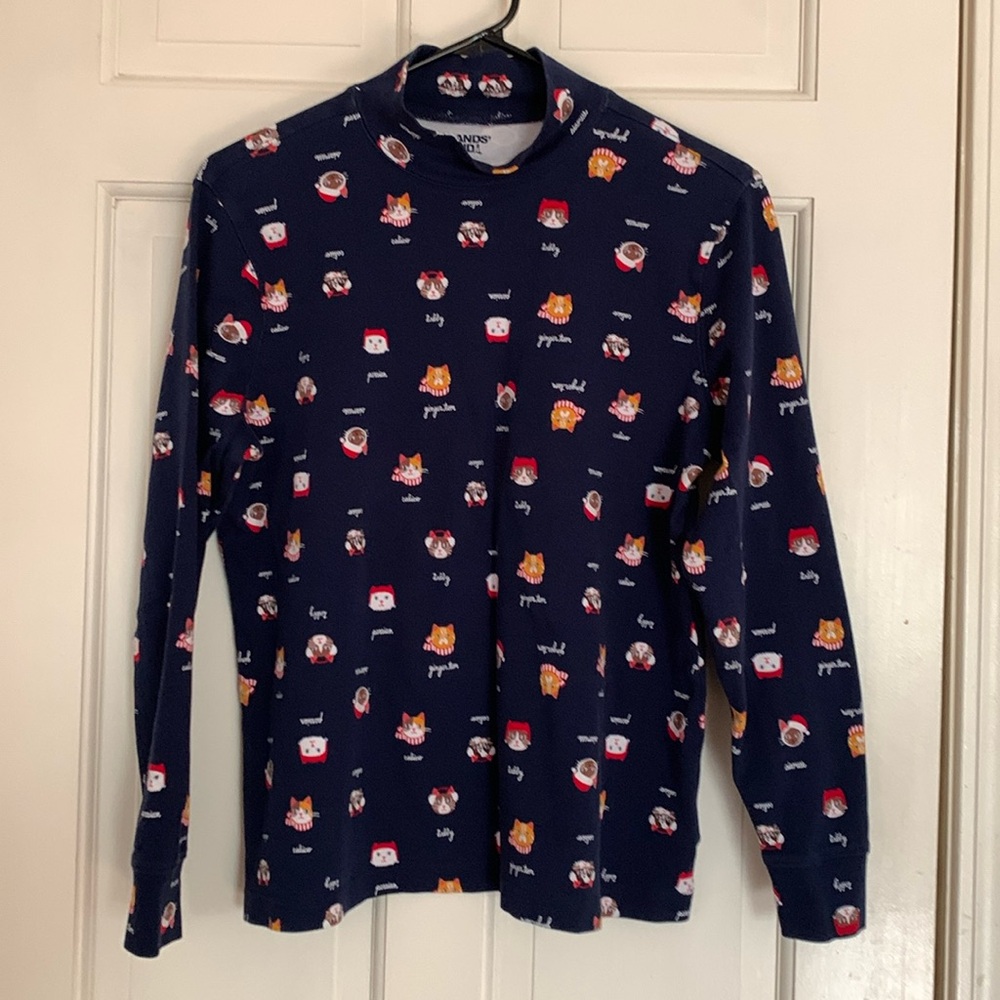 Lands End Holiday Cat Mock Turtleneck Size M (10-12)